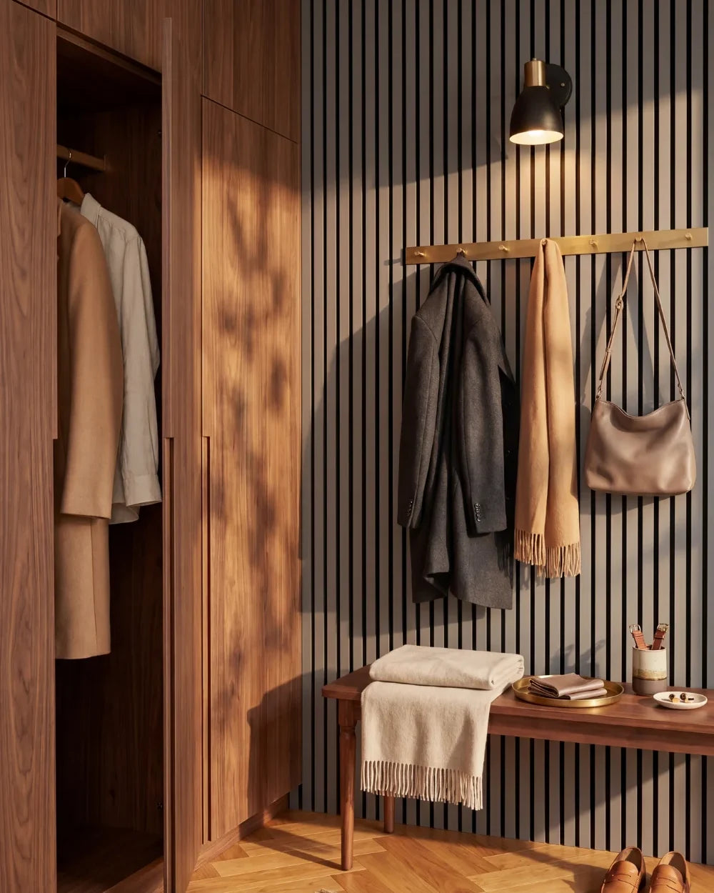 Acupanel Dusty Grey acoustic slat wall panels in a walk-in wardrobe