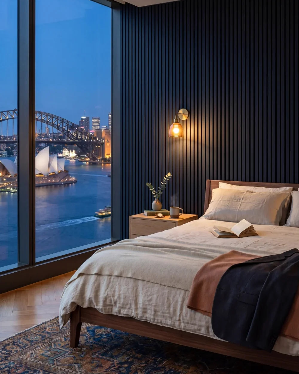 Acupanel Midnight Blue acoustic slat wall panels in a Sydney hotel room