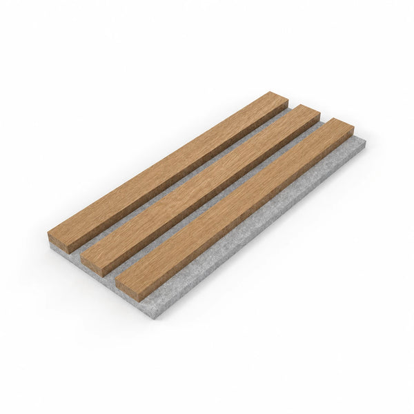 Acupanel Premium Oiled natural oak sample piece showing three oak veneer slats on grey felt backing from 3D angled perspective