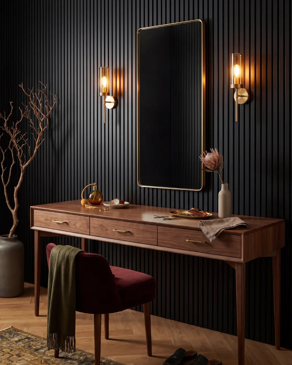 Acupanel Black acoustic slat wall panels in a bedroom vanity area