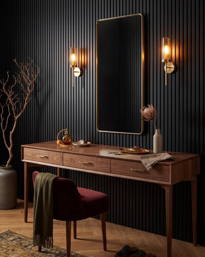 Acupanel Black acoustic slat wall panels in a bedroom vanity area