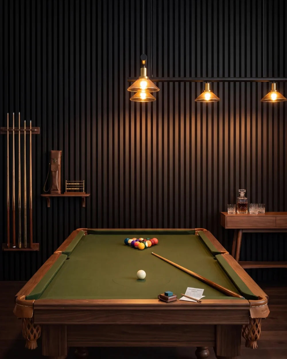 Acupanel Black acoustic slat wall panels in a billiards room