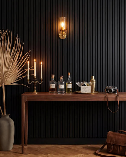Acupanel Black acoustic slat wall panels in a cocktail nook