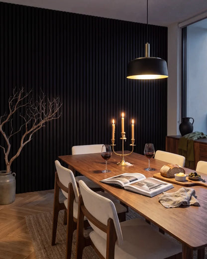 Acupanel Black acoustic slat wall panels in a dining room