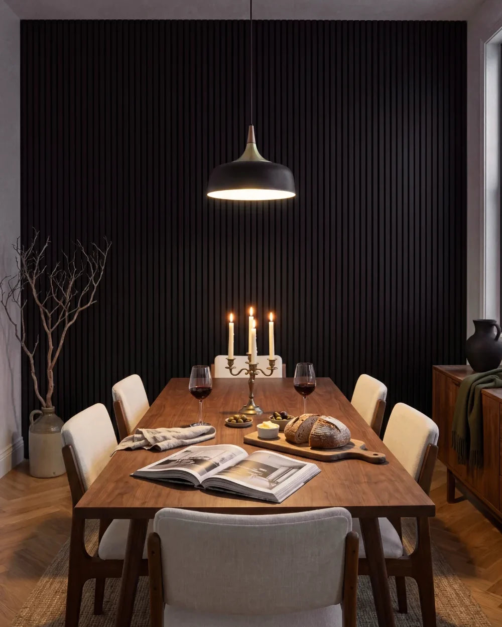 Acupanel Black acoustic slat wall panels in a dining room