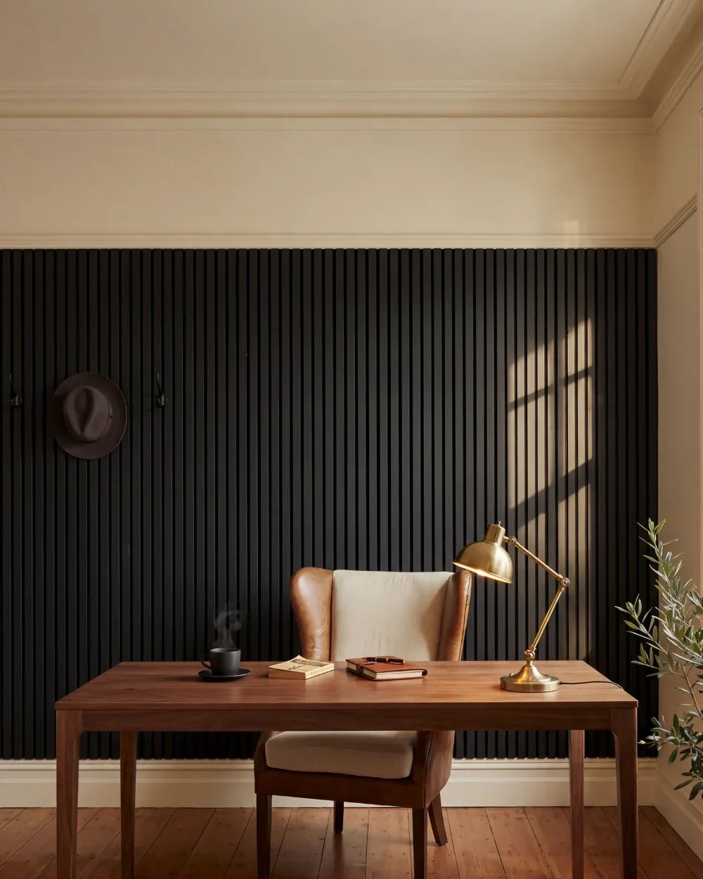 Acupanel Black acoustic slat wall panels in a gentleman's office
