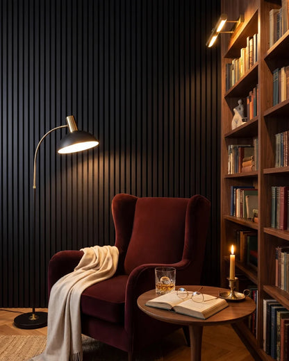 Acupanel Black acoustic slat wall panels in a home library