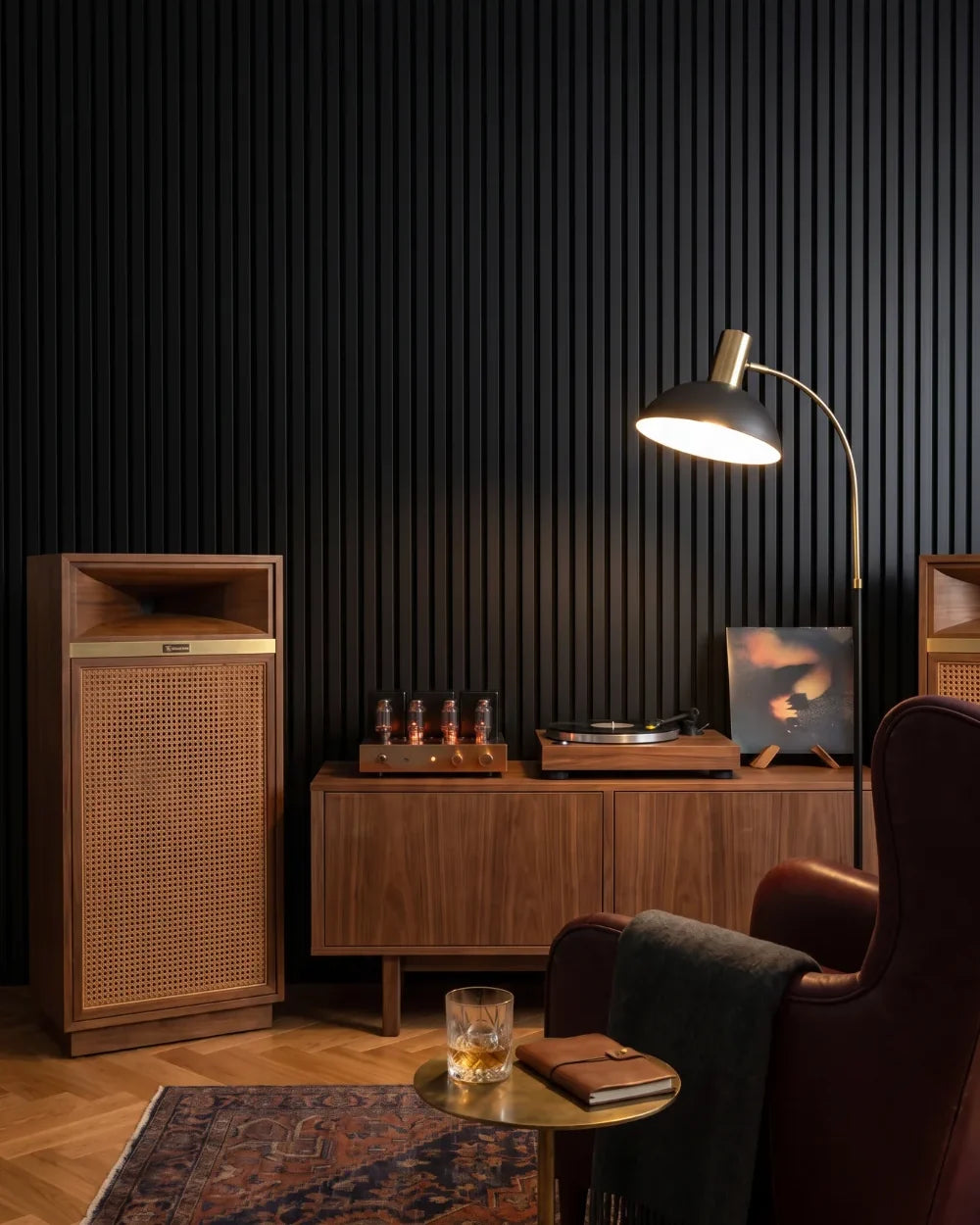 Acupanel Black acoustic slat wall panels in a hi-fi listening room