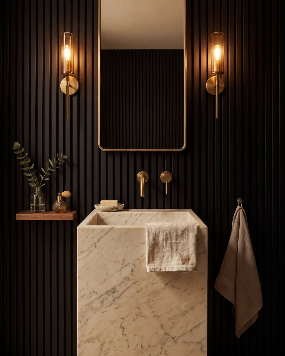 Acupanel Black acoustic slat wall panels in a powder room