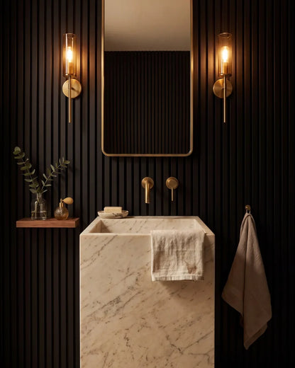Acupanel Black acoustic slat wall panels in a powder room
