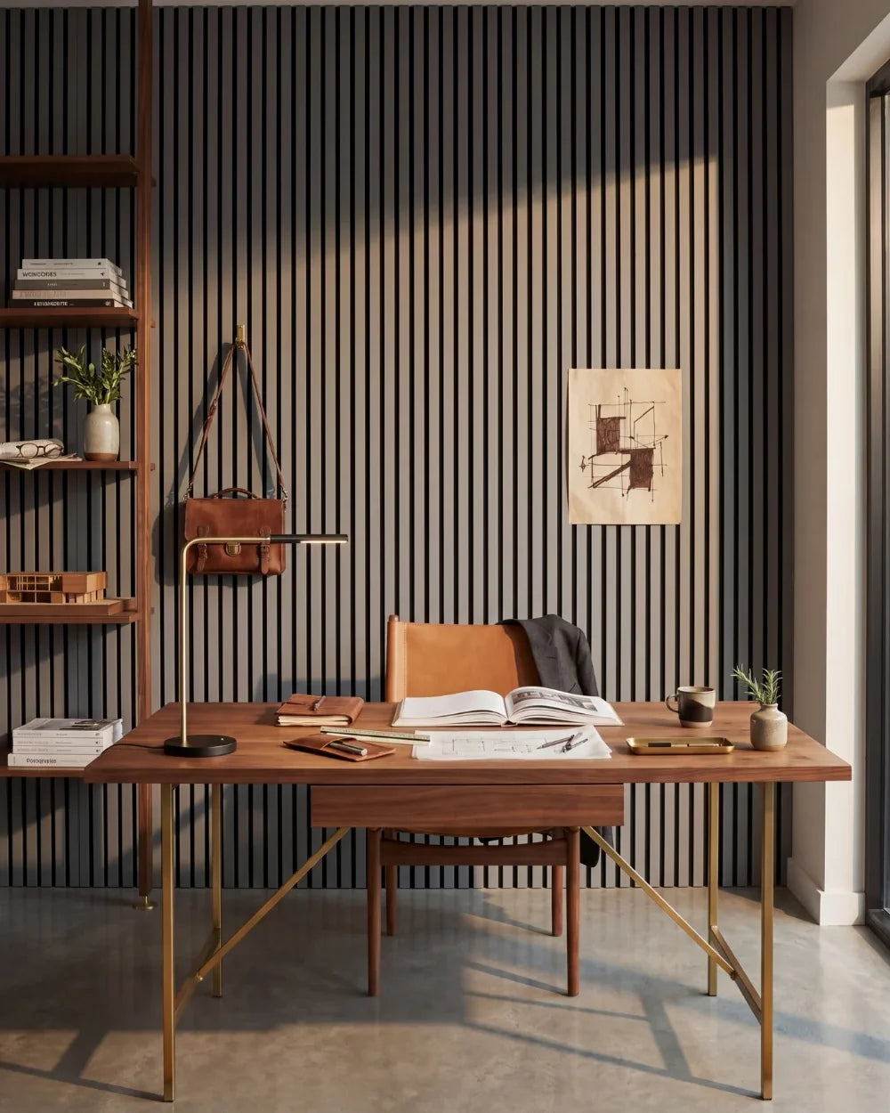 Acupanel Dusty Grey acoustic slat wall panels in an architect's office