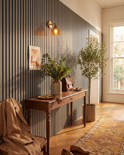Acupanel Dusty Grey acoustic slat wall panels in a hallway