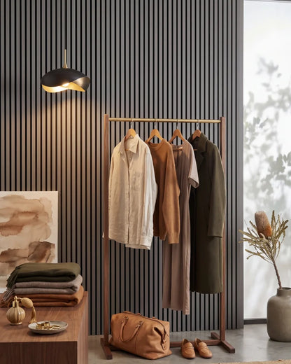 Acupanel Dusty Grey acoustic slat wall panels in a high-end retail space