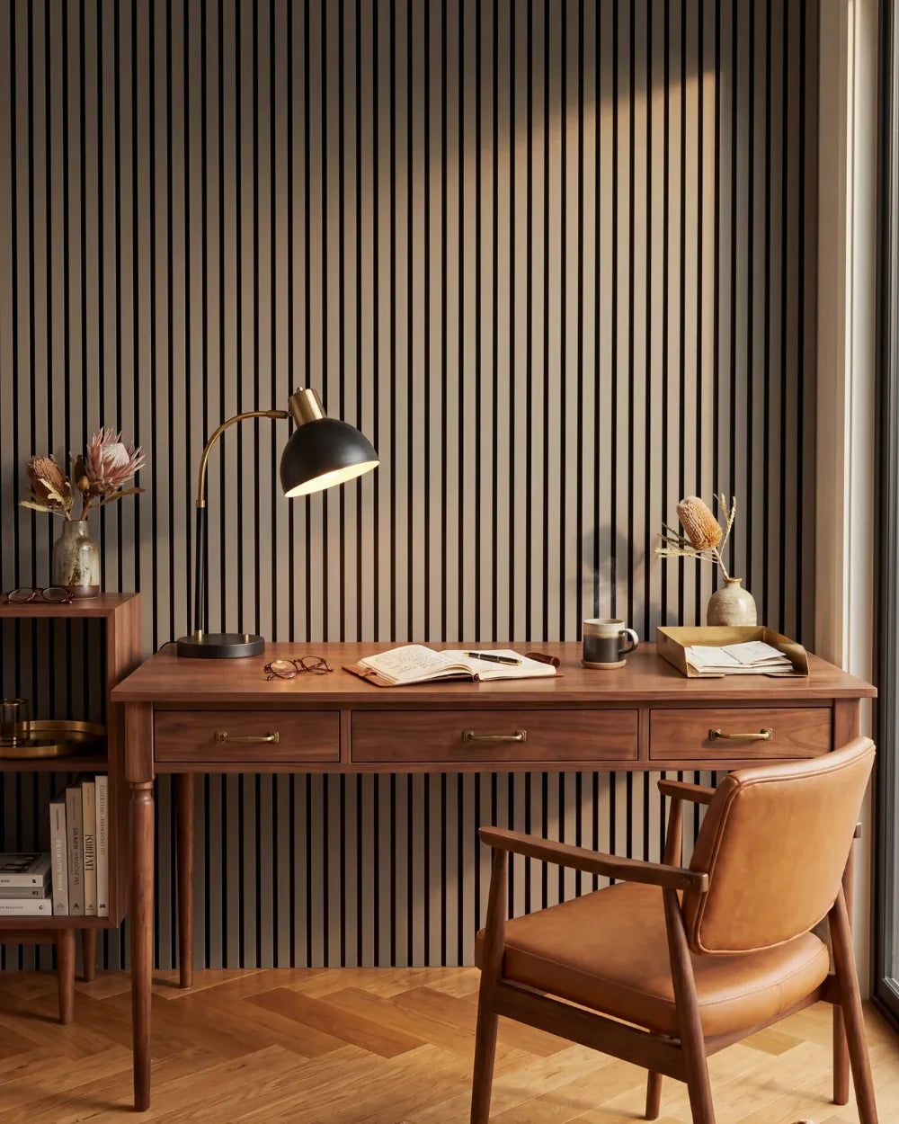 Acupanel Dusty Grey acoustic slat wall panels behind a home office desk