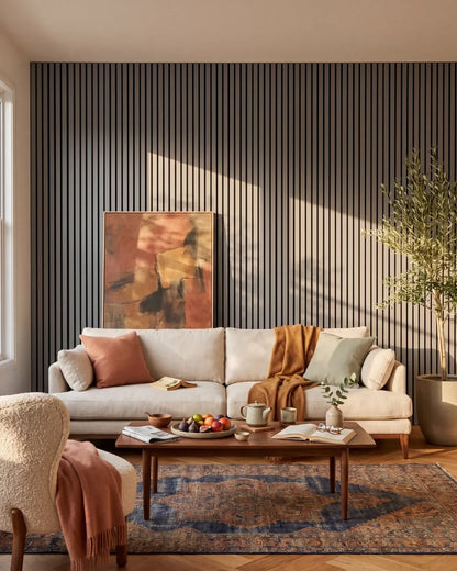 Acupanel Dusty Grey acoustic slat wall panels in a lounge