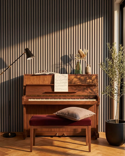Acupanel Dusty Grey acoustic slat wall panels in a music room