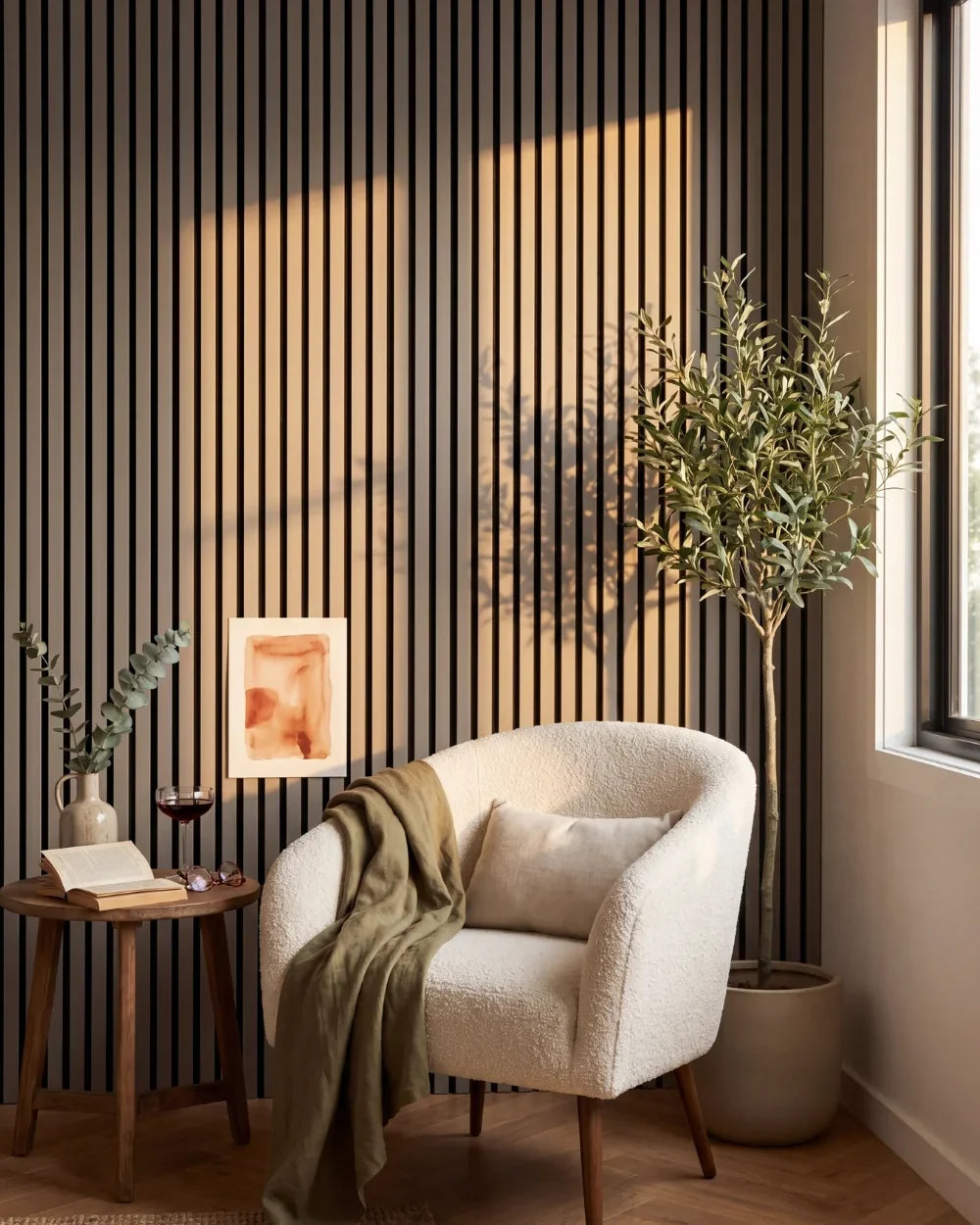 Acupanel Dusty Grey acoustic slat wall panels in a reading nook