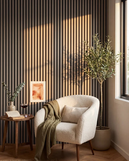 Acupanel Dusty Grey acoustic slat wall panels in a reading nook