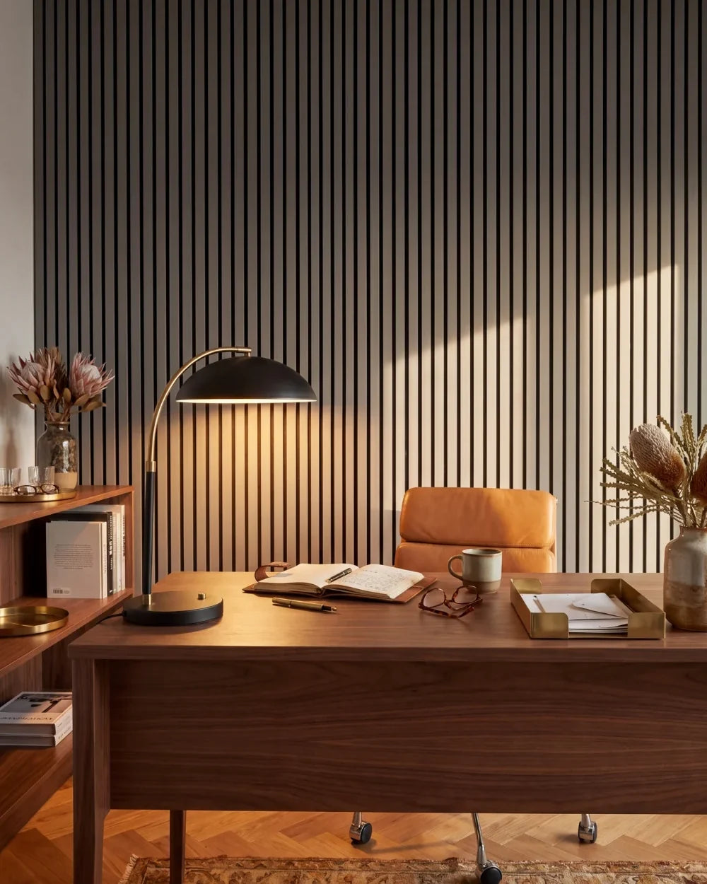Acupanel Dusty Grey acoustic slat wall panels in a sunny office