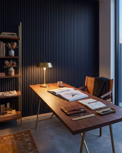 Acupanel Midnight Blue acoustic slat wall panels in an architect's office