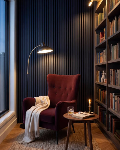 Acupanel Midnight Blue acoustic slat wall panels in a home library