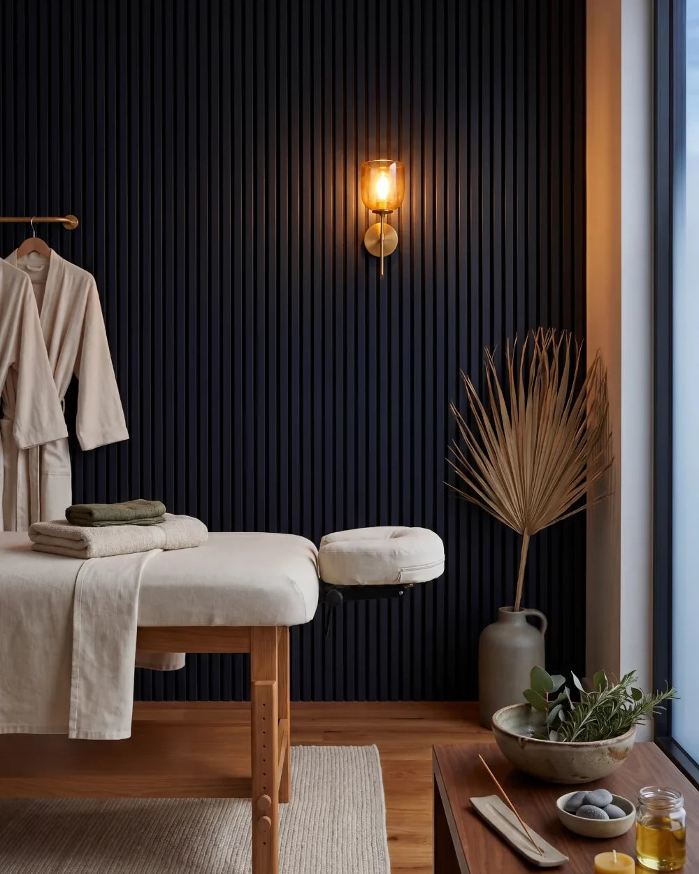 Acupanel Midnight Blue acoustic slat wall panels in a massage and physio room, a commercial space