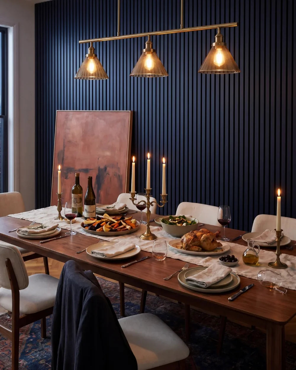 Acupanel Midnight Blue acoustic slat wall panels in a private dining room