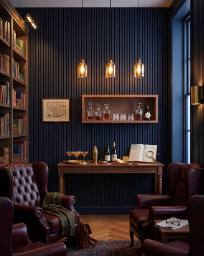 Acupanel Midnight Blue acoustic slat wall panels in a private whisky lounge, a commercial space