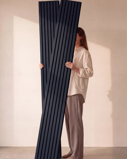 Acupanel Midnight Blue acoustic slat wall panels held in the studio