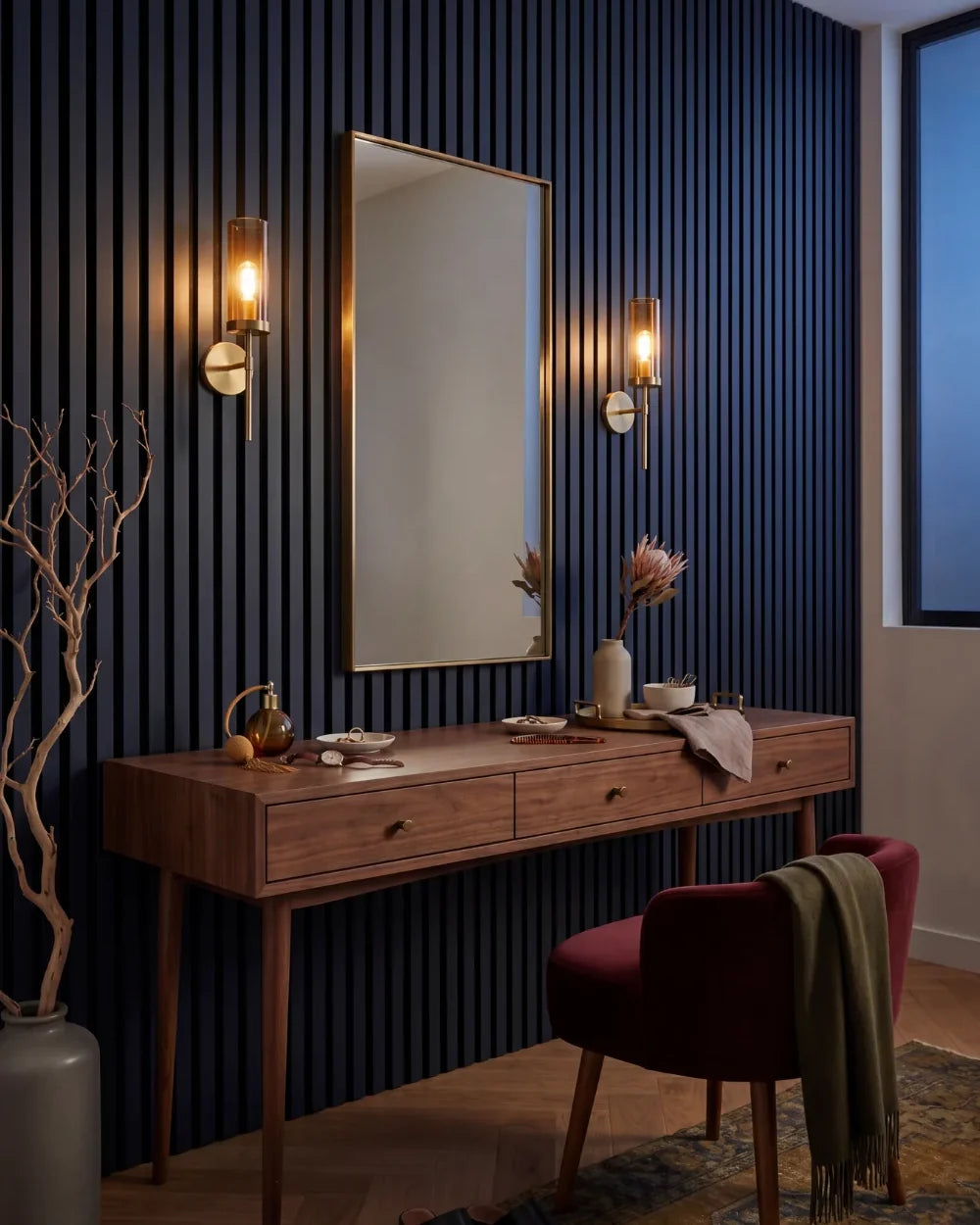 Acupanel Midnight Blue acoustic slat wall panels in a bedroom vanity area