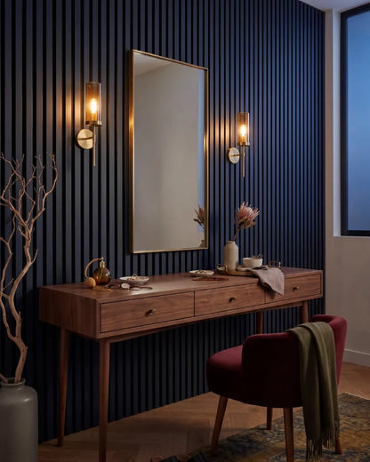 Acupanel Midnight Blue acoustic slat wall panels in a bedroom vanity area