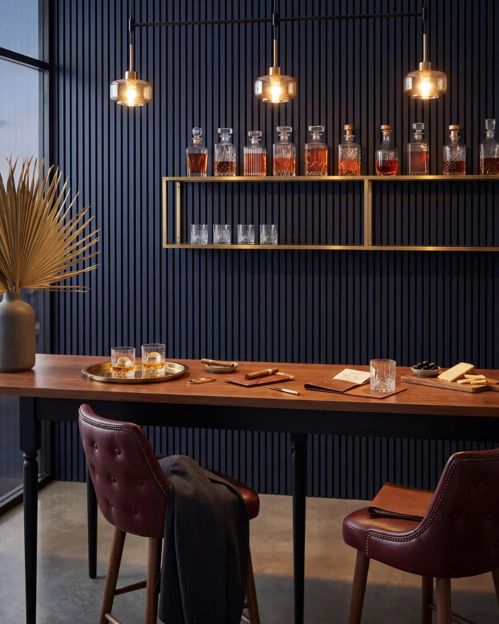 Acupanel Midnight Blue acoustic slat wall panels in a whisky bar, a commercial space