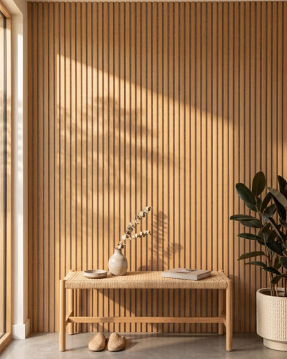 Acupanel Natural Oak (Grey Felt) acoustic slat wall panels in an entrance way