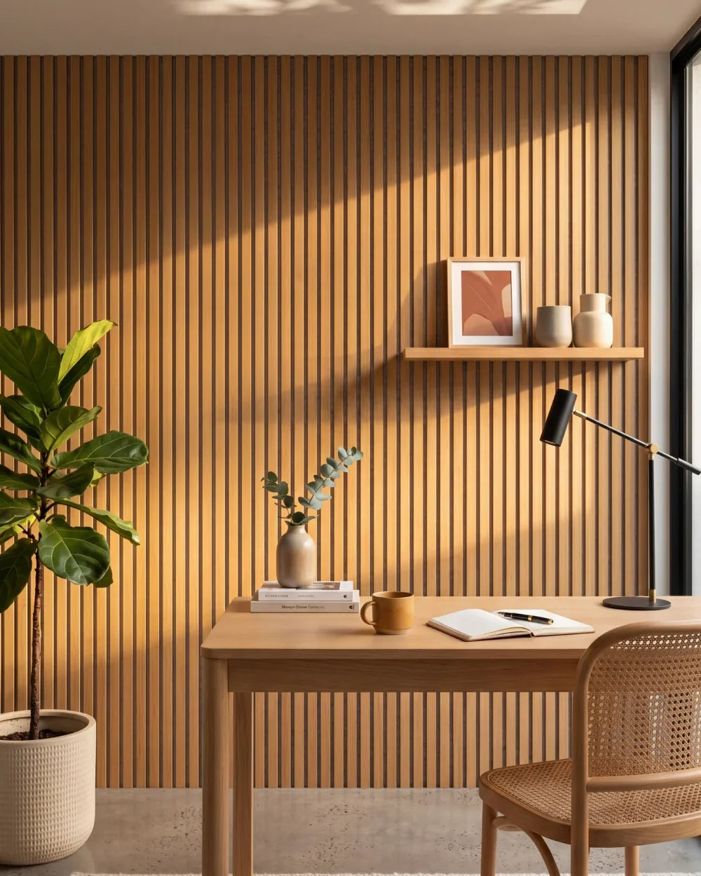 Acupanel Natural Oak (Grey Felt) acoustic slat wall panels in a home office
