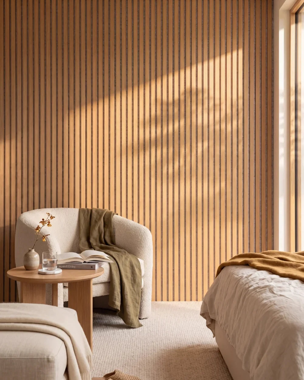 Acupanel Natural Oak (Grey Felt) acoustic slat wall panels in a reading nook