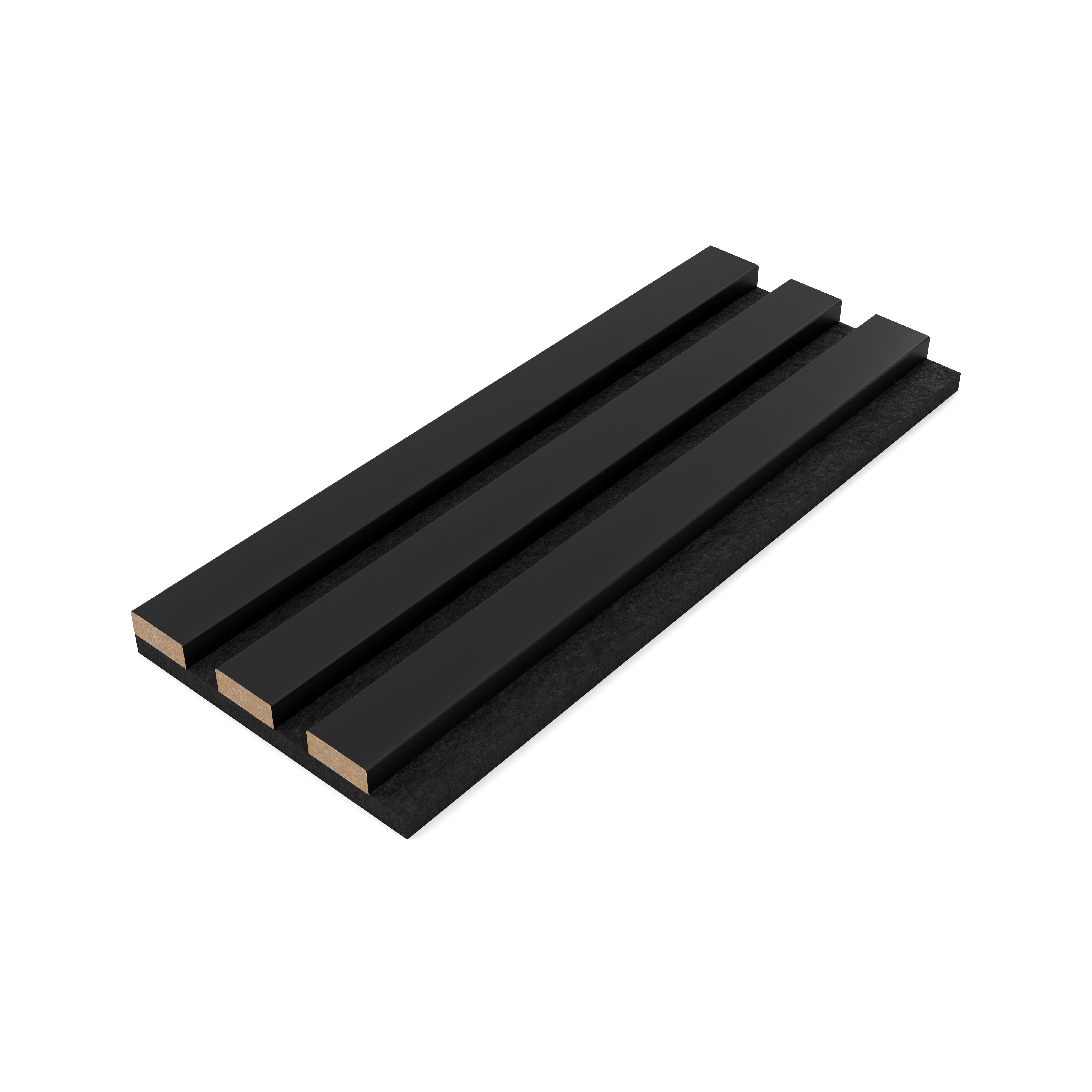 Black Acupanel colour sample showing three acoustic slat panel profiles with felt backing on white background