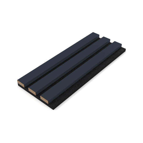 Blue Acupanel colour sample showing three dark navy acoustic slat panel profiles with felt backing on white background
