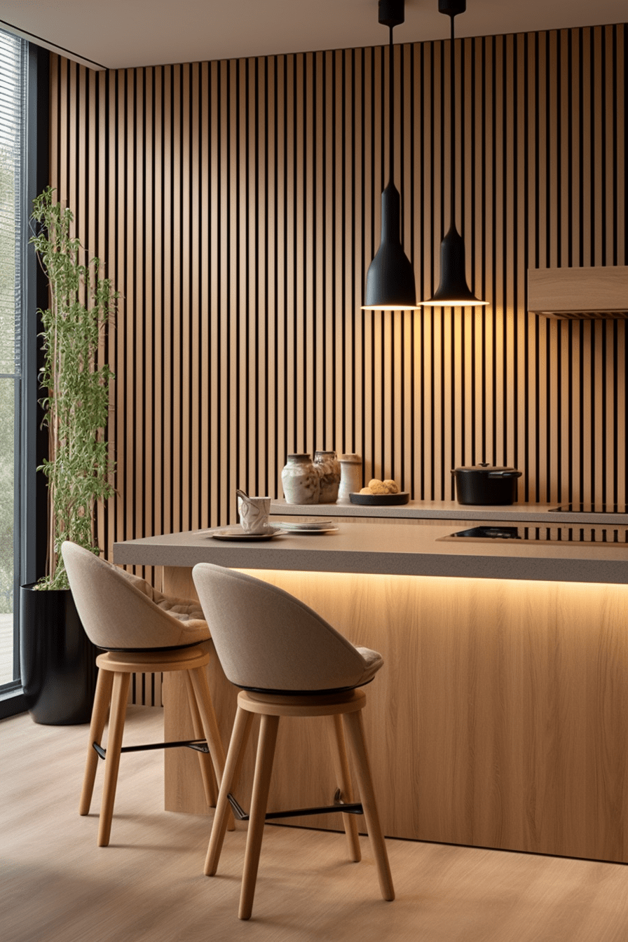 Oak slat wood wall panels in a kitchen