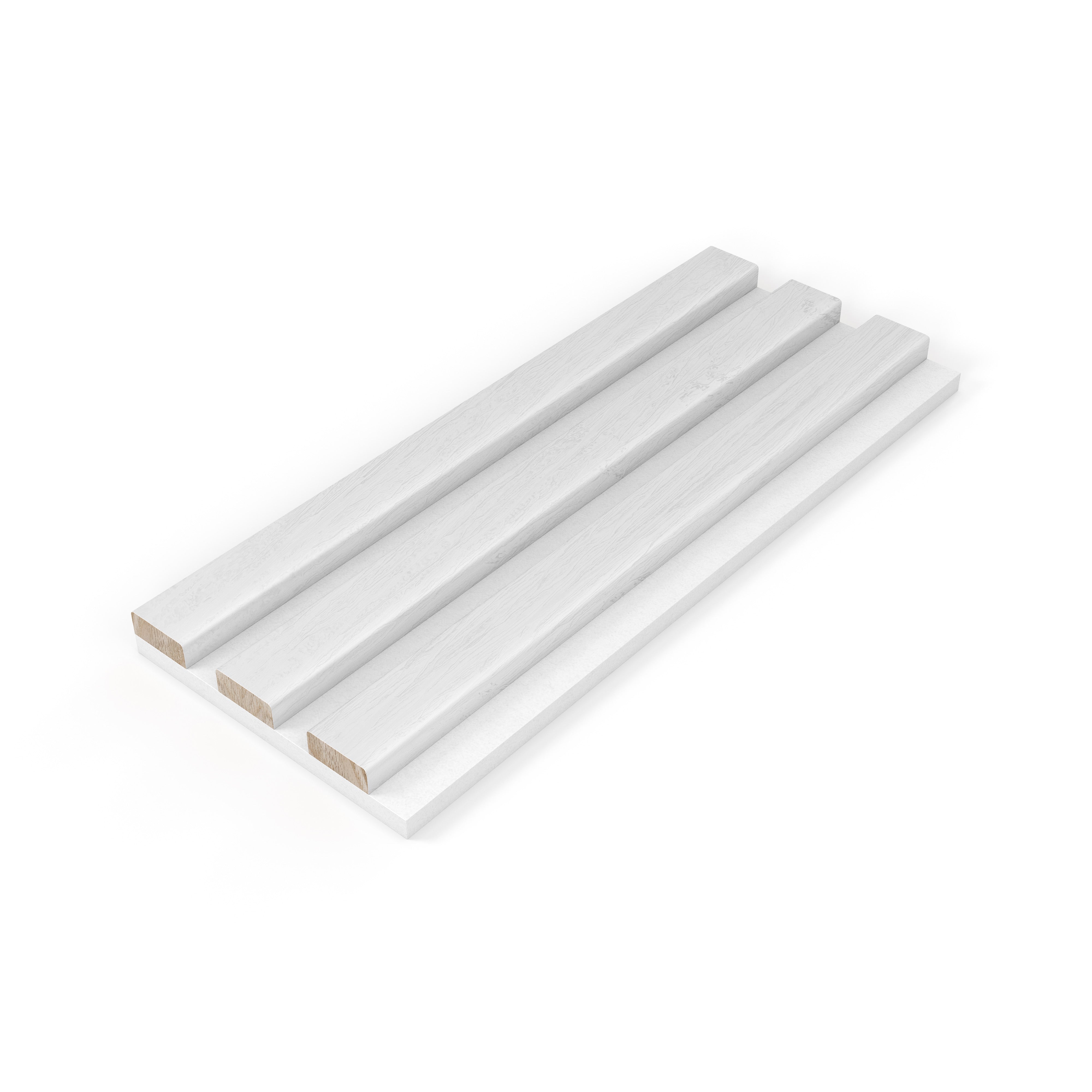 White Acupanel colour sample showing three acoustic slat panel profiles with felt backing on white background