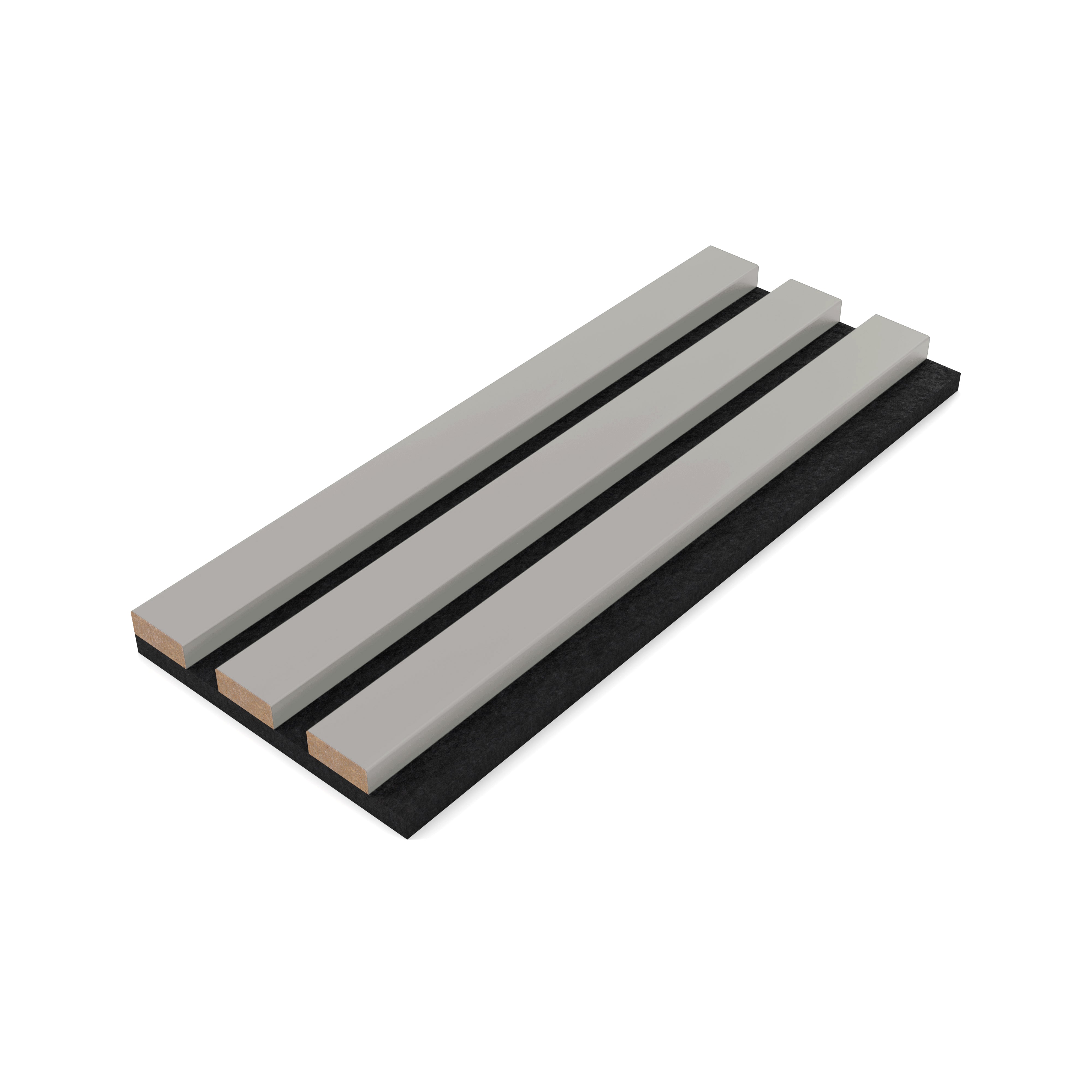 Grey Acupanel colour sample showing three acoustic slat panel profiles with felt backing on white background