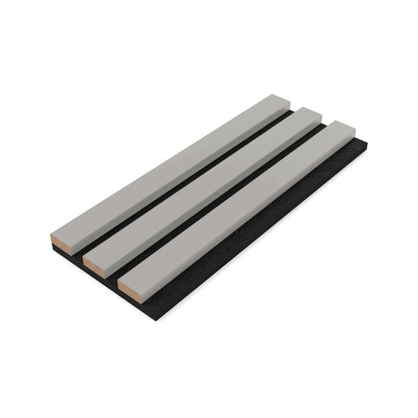 Grey Acupanel colour sample showing three acoustic slat panel profiles with felt backing on white background